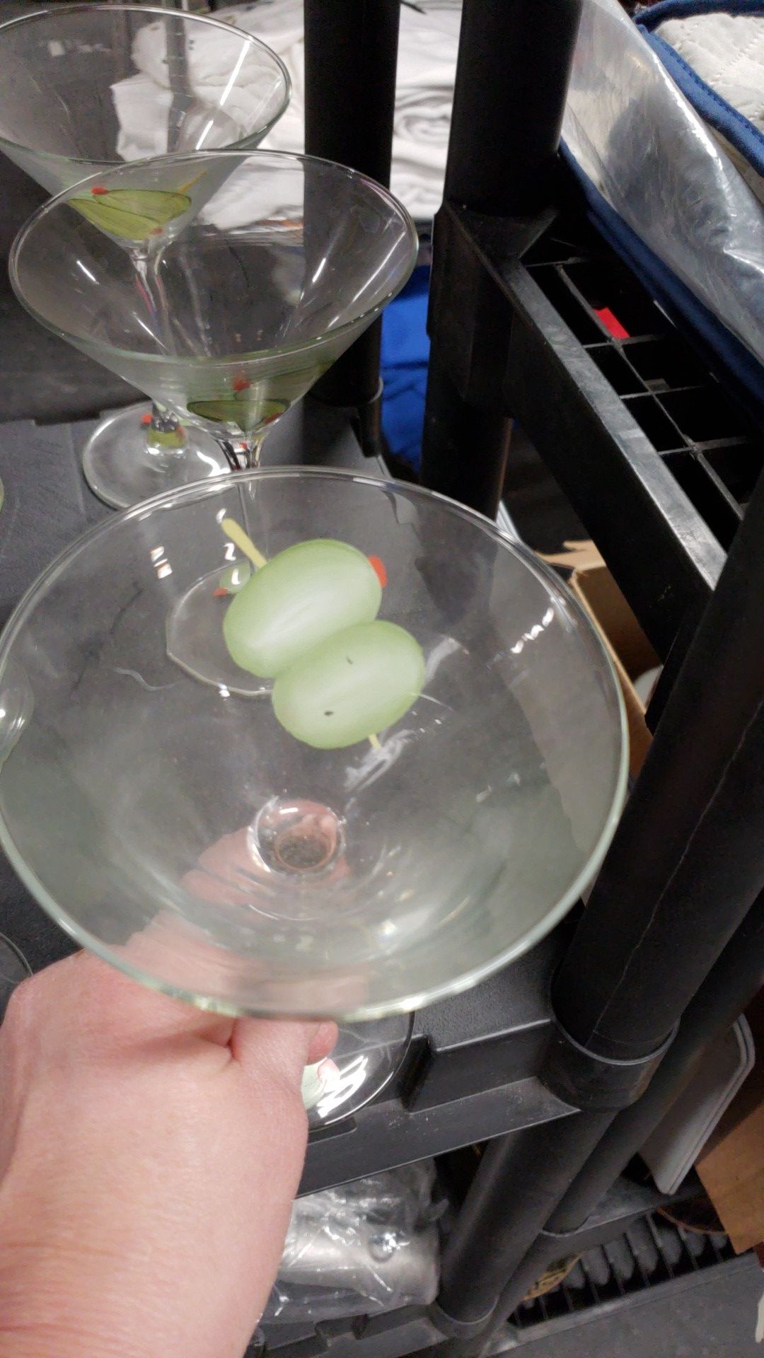 6 Hand Painted Novelty Green Olive Martini Glasses