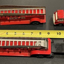 Vintage Tonka Toy Ladder Trucks. 1 Engine & 2 Ladder Trucks & Toostie Toy Chemical truck as shown. Made of metal & plastic.