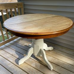 Refinished Wood Top Table With White Base OAK