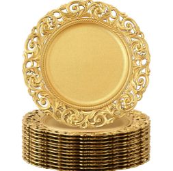 Acellegic 12-Piece Vintage Gold Charger Plates Bulk Plastic 13"