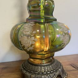 Vintage 1972 iridescent green carnival glass table lamp