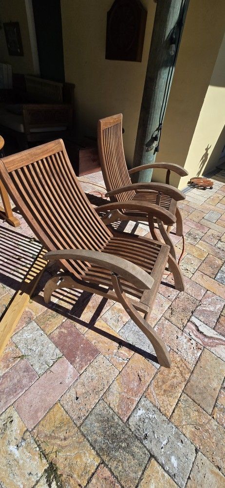 Two Heavy Teak Foldable Recliner Chairs
