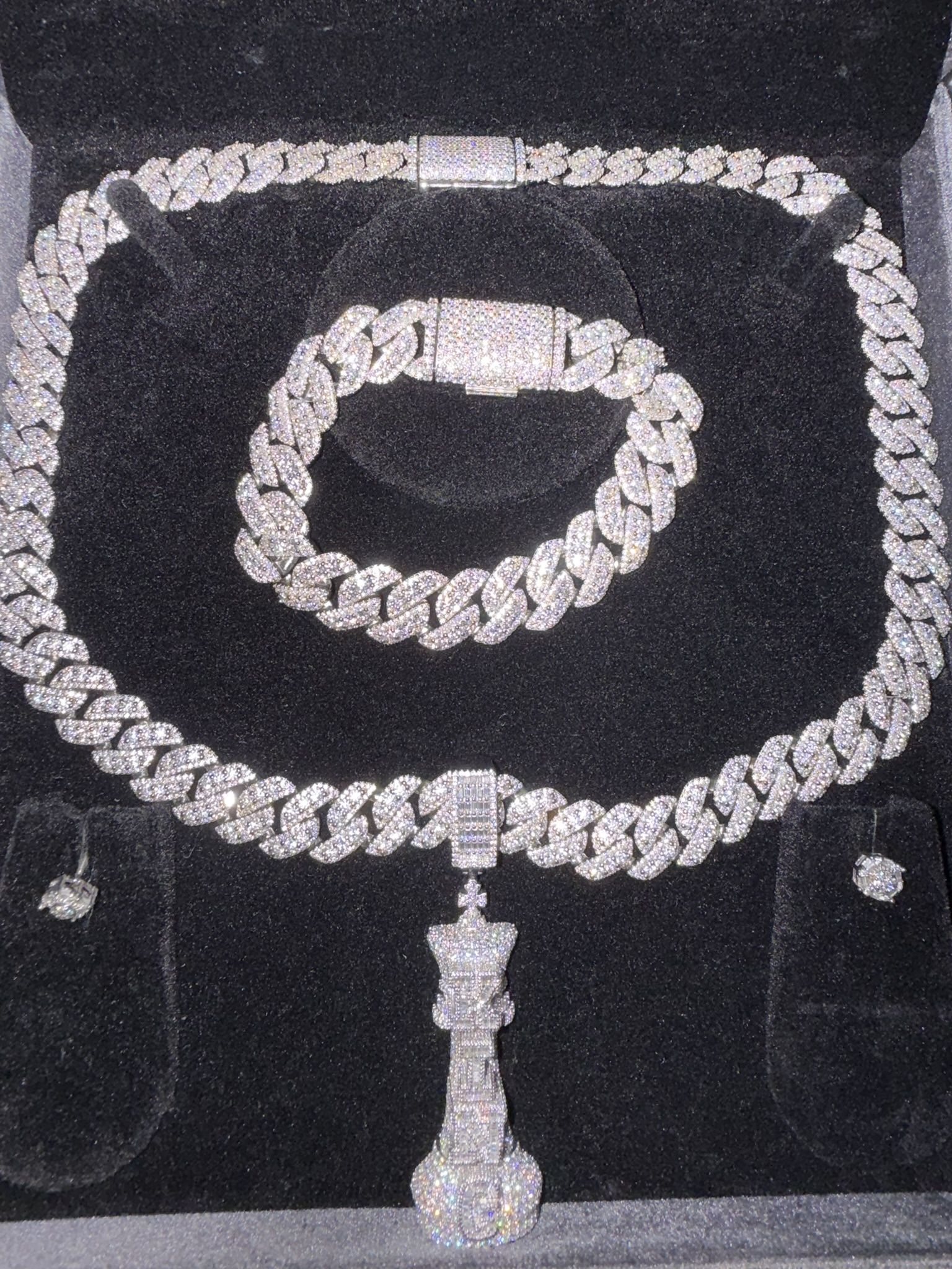 Moissanite Cuban Chain With Earrings And Bracelet