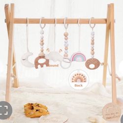Little Dove Baby Play Gym Wooden Baby Gym With 6 Toys Foldable Play Gym Frame Activity Gym Hanging Bar Baby Toy White  Open box item box is damaged   