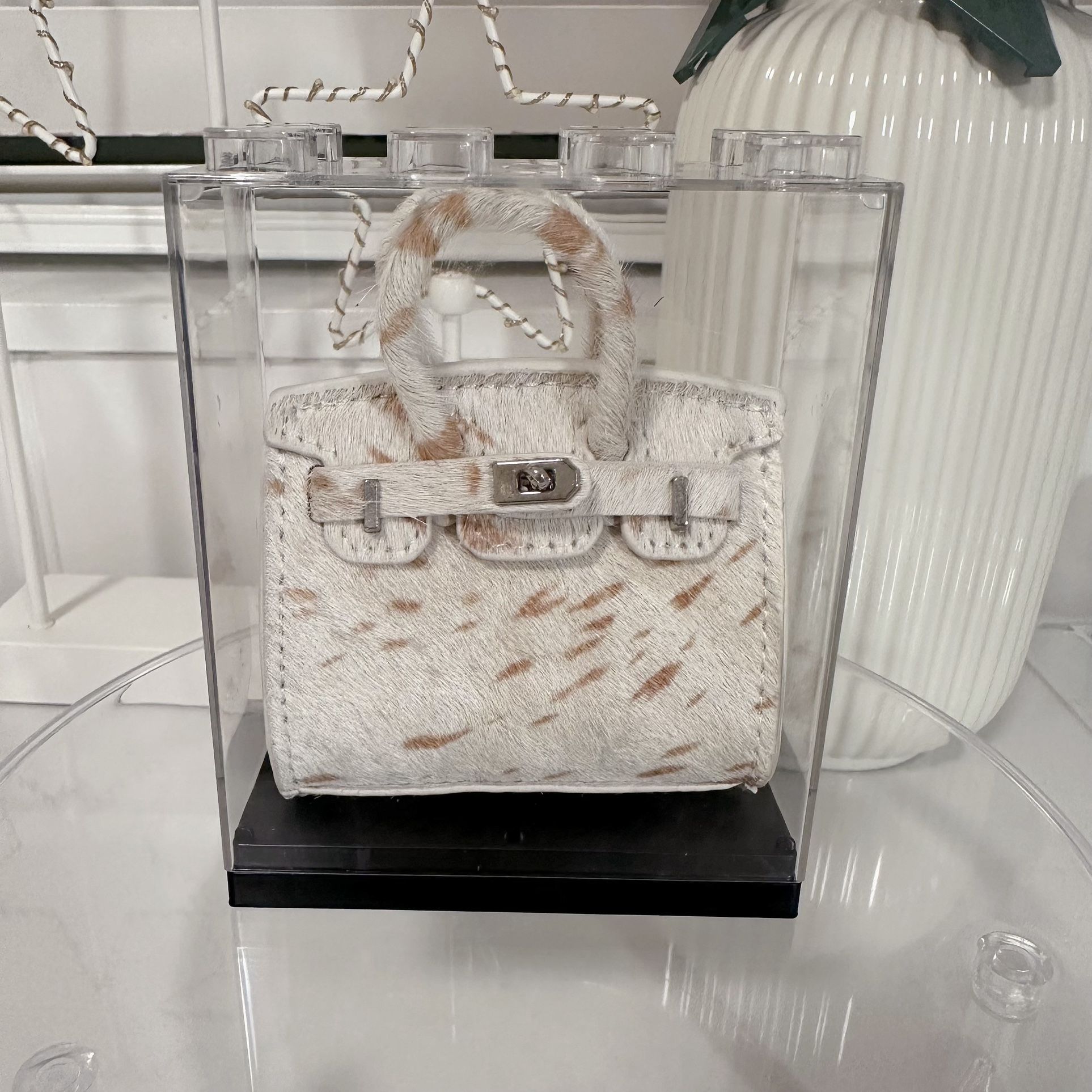 Mini Bag Charm – Genuine Cowhide Hair Leather with Silver Hardware + Display Box & Twilly