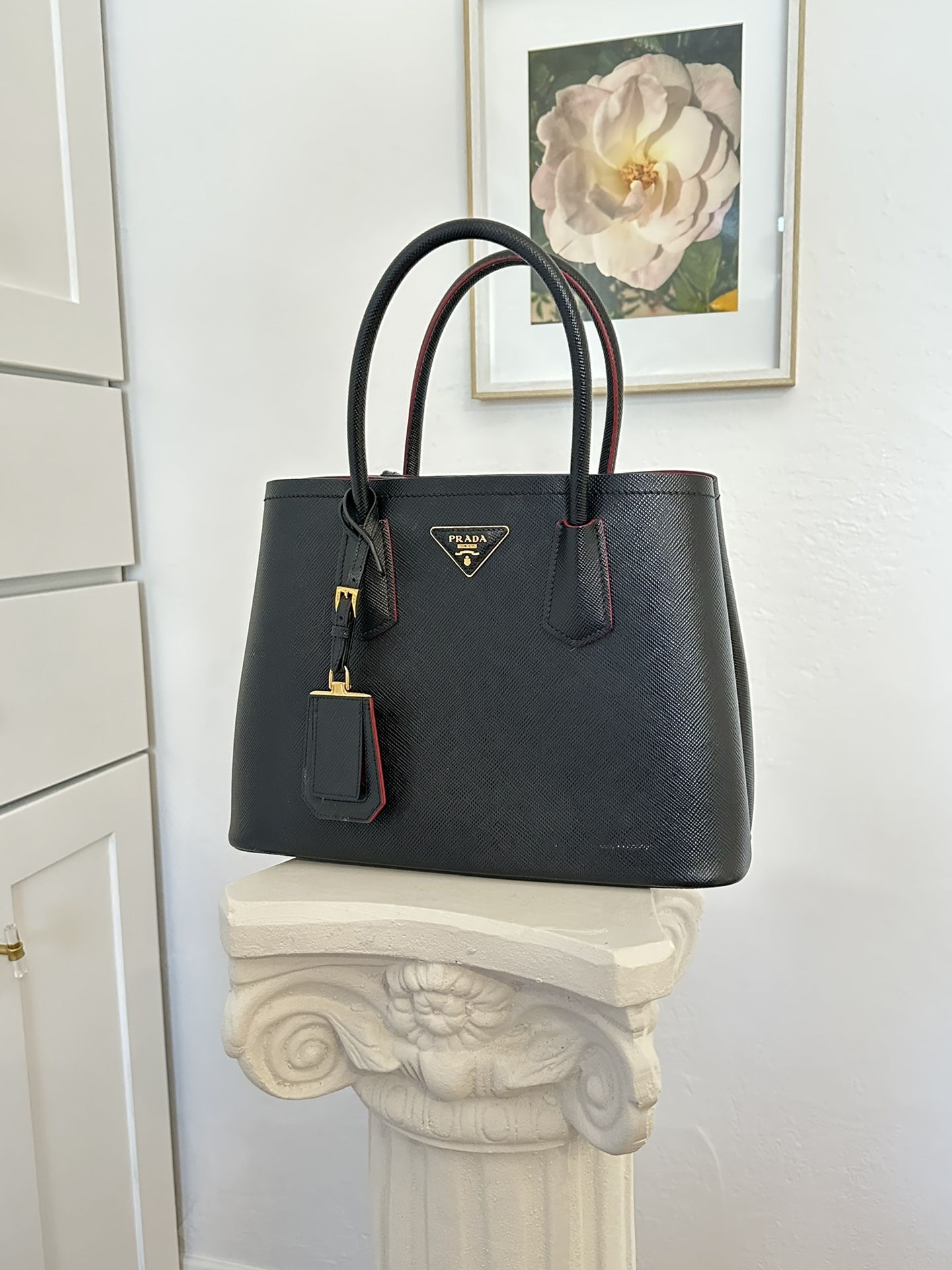 PRADA - Prada Double Saffiano Leather Tote Bag - Black With Red Interior