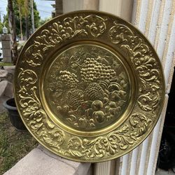 Large Vintage Assorted Fruit Embossed Brass Wall Plate 23" Made in Holland