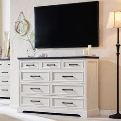 9-Drawer Farmhouse Dresser, Rustic Wood Dresser for Bedroom, TV Stand with Large Drawers for Living Room, White