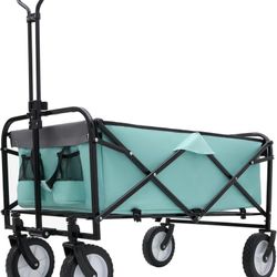 Collapsible Foldable Wagon Cart with Strapping System Beach Wagon Utility Cart Utility Wagon Grocery Light Green