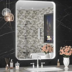 1065: BRAND NEW 16" x 24" LED Bathroom Mirror with Lights, Rounded Rectangle Silver Frame Embedded Light Strip Design Vanity Mirror, 3 Colors 