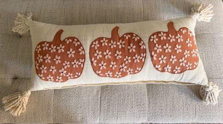 Fall Embroidered Pumpkin Lumbar Throw Pillow with Tassels