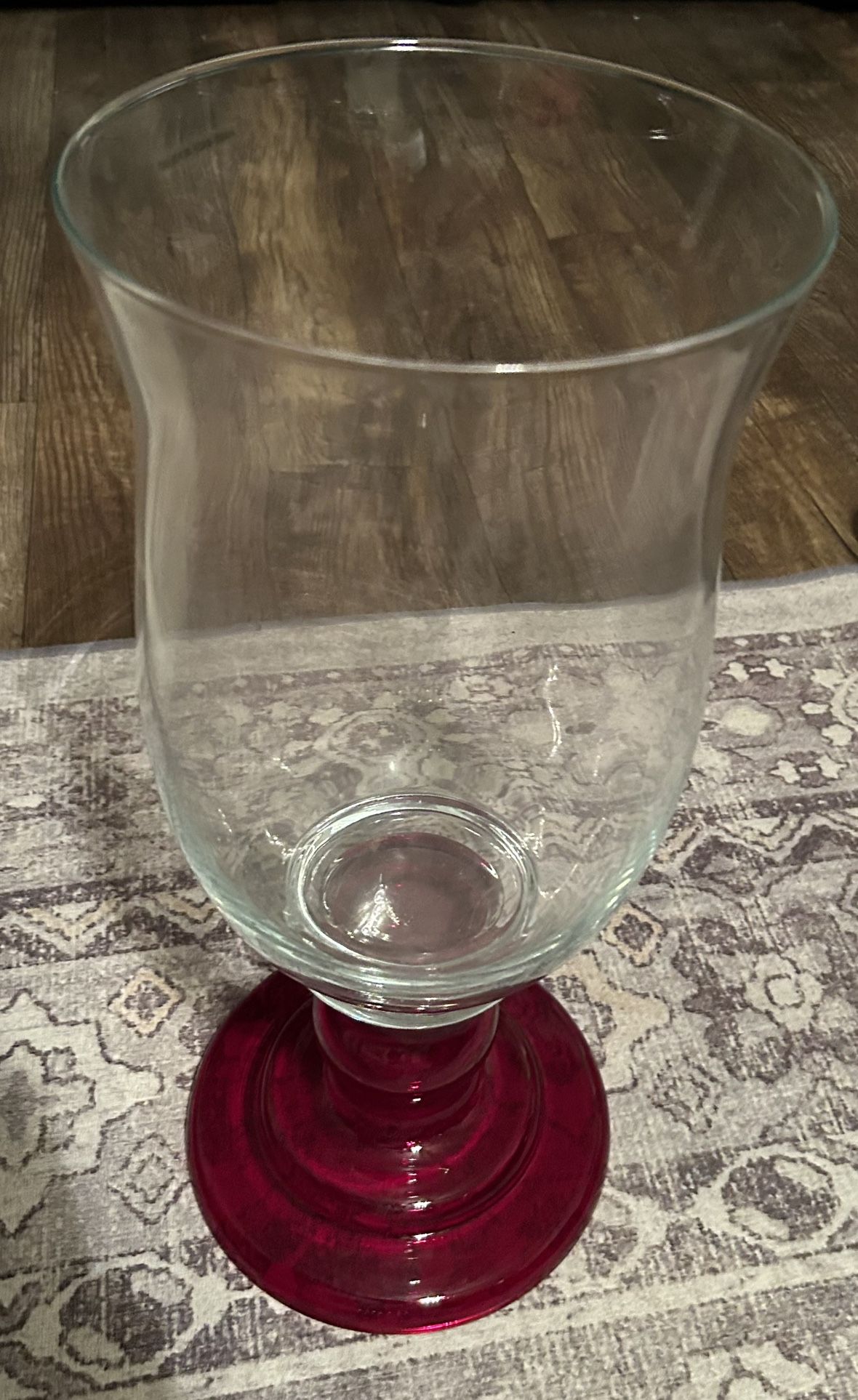 Stemmed Glass Flower Vase / Candle Holder - 17.5 Inches Tall - Red Base Clear Glass Top
