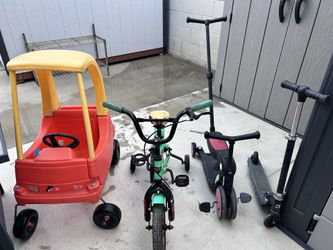 4 Kids Ride-On Toys Bundle – Little Tikes Car, Bike w/ Training Wheels, Balance Trike, Scooter