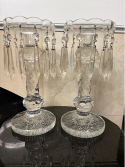 Pair of cut glass candlesticks with prisms 10”T