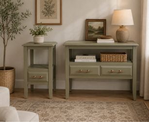 Refinished Sage Green Console Table & Matching Side Table Set