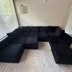 Black Velvet Upholstered Modular Sectional With Storage 