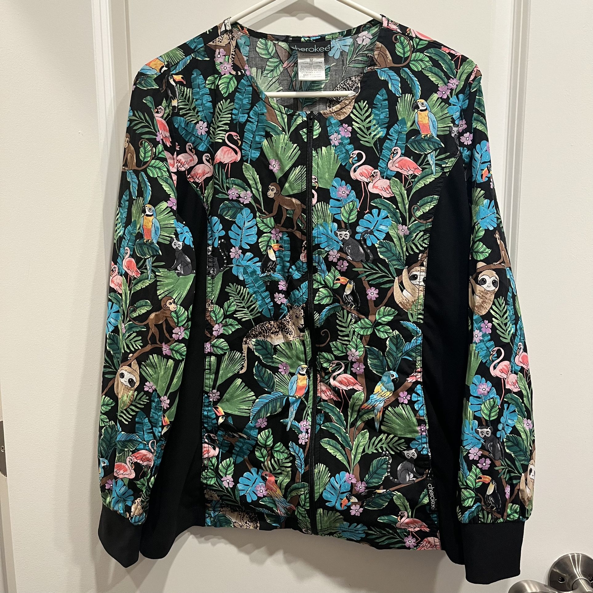 Cherokee Tropical Animal Print Scrub Jacket Zip Women’s Size M