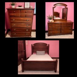 Vintage Broyhill Bedroom Suite - Queen Bed, High Boy, Dresser With Mirror. Solid, Quality Furniture