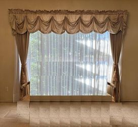 Ornate Taupe Gold Tan Drapes Window Treatment Silk Blackout Curtains White Sheer Voile 98” by 81”