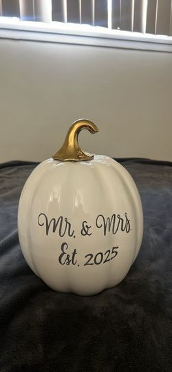 Mr & Mrs Est 2025 white Pumpkin Decor with Gold stem