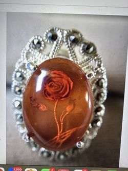 Vintage Baltic Amber Ring 925 Sterling Silver Rose In Oval Gem 
