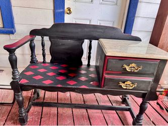 Antique hand painted phone , gossip bench black with red harlequin accents