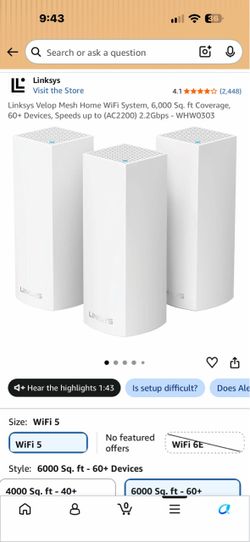 Linksys Velop Mesh Home WiFi System, 6,000 Sq. ft Coverage, 60+ Devices, Speeds up to (AC2200) 2.2Gbps - WHW0303
