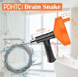 New PDHTC drain snake has orange plastic housing and black handle. Tool includes flexible steel spring cable for clearing clogs. Manual hand crank des