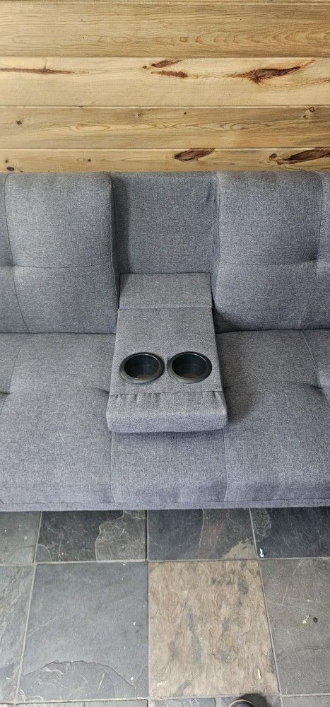 SLEERWAY Futon Sofa Bed with Cup Holders, 3 Angles Adjustable Convertible Sleeper Sofa, Loveseat with 5 Metal Legs, Modern Couch Sofa for Living Room