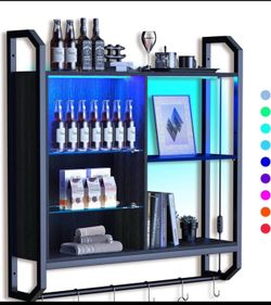 34" LED Wall Mounted Shelf - Led Floating Shelves 3 Tier Display Rack with Adjustableggg Glass Shelf