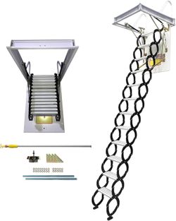 Attic Ladder Pull Down Ceiling Stairs Black+White Folding Loft Access Stairs Lockable Attic Extension Ladder with Pull Rod 12 Steps Max 9.84ft Height 