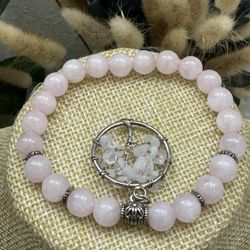 Tree Of Life Charm Natural Quartz Rose Stretch Bracelet. 