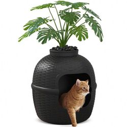 Large Cat Litter Box Enclosure with Artificial Plants & Carbon Filter, Heavy Duty PP Material Hidden Kitty Litter Box Furniture for Odor Control and H