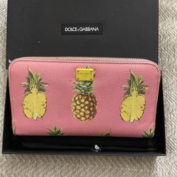 DOLCE & GABBANA Pineapple Print Leather Zip Around Women’s Wallet 