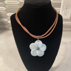 925 Silver Brown Leather Necklace with Flower Pendant 19”