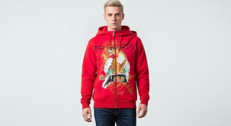 NEW Ed Hardy Red Zip Up Sweatshirt Men’s XL Tiger Mountain Design Hoodie NWT