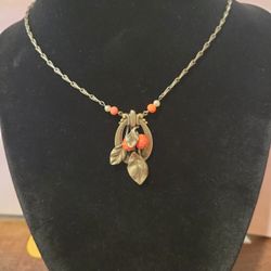 Art Deco Antique Style Carved Celluloid Faux Coral Rose Leaf Motif Pendant Bronzetone 17" Necklace F9