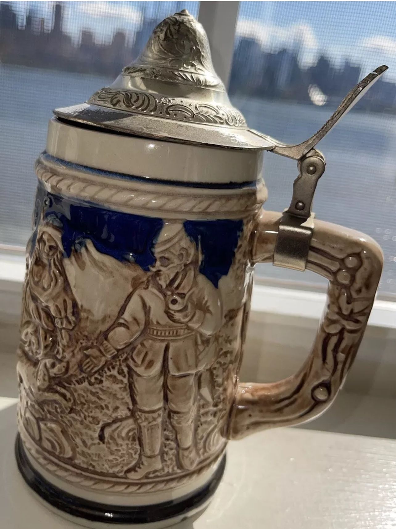 Vintage German Beer Stein Ceramic Porcelain With Pewter Lid Antique 