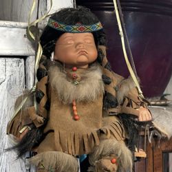 Golden Vale Collection 16”porclain American Indian Doll On Swing  Hanging 