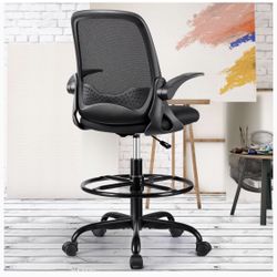 KERDOM Drafting Chair Tall Office Chair Ergonomic Computer Standing Desk Chair Swivel Work Chair with Flip-up Armrests and Adjustable Footrest Ring