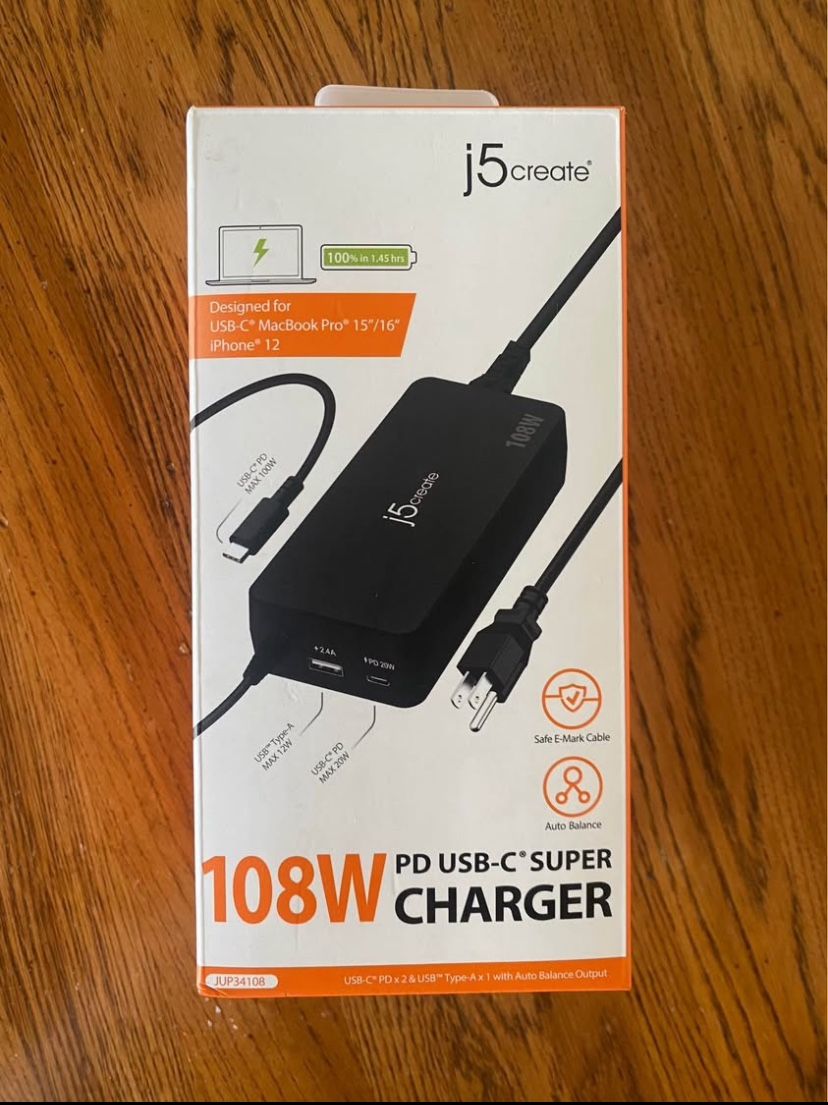 Macbook/Dell/Thinkpad Laptop Charger | j5create - 108W PD USB-C Super Charger - Black