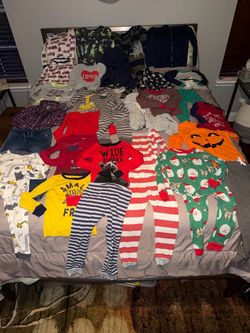 Carters boys fall/winter 31 pieces size 5T/5. 1 pair of pj pants have a tiny hole in knee. Some are stained/faded
