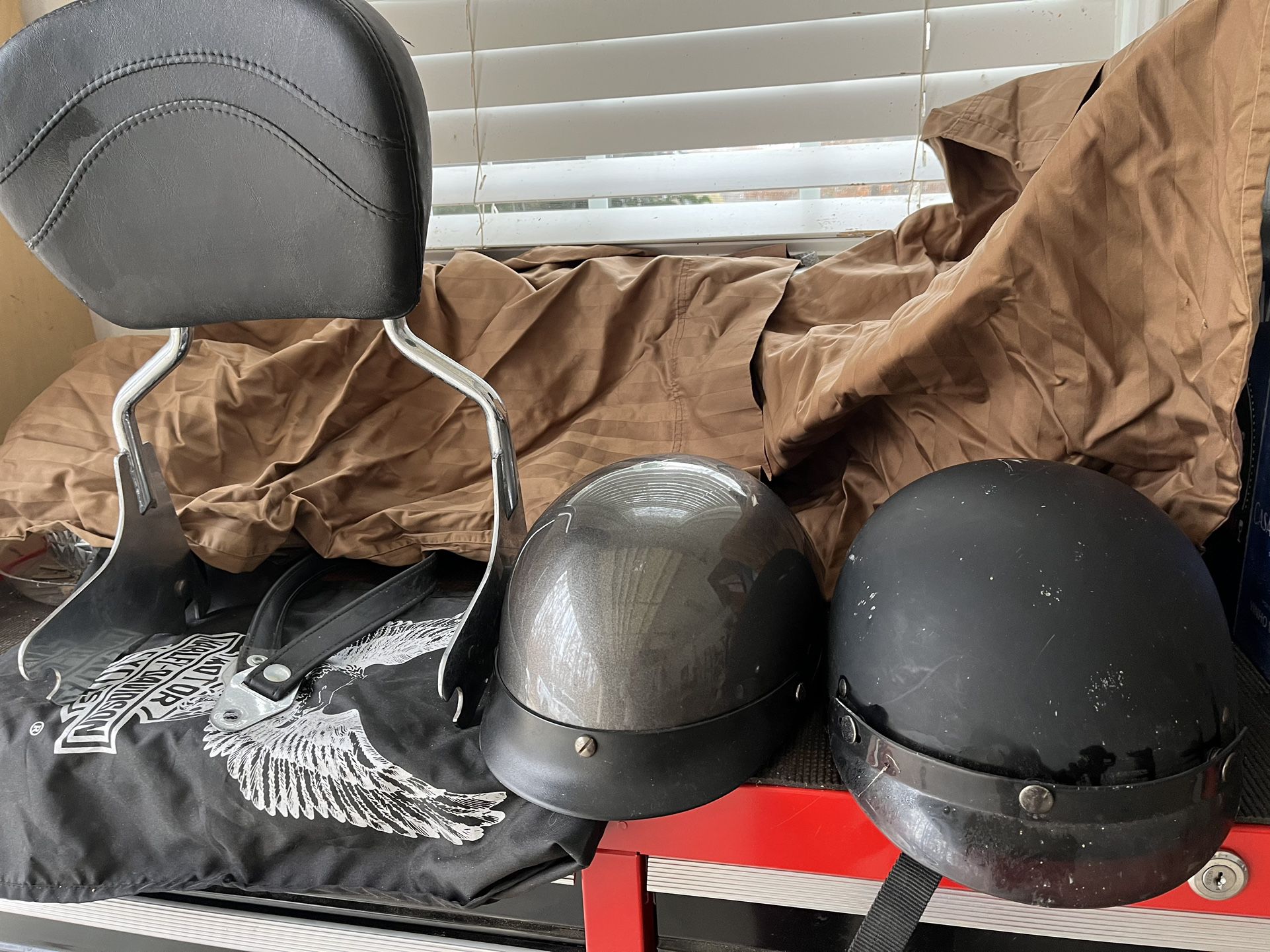 Harley Davidson -2 Helmets , Helmet Bag, Back Rest & Motorcycle Cover 