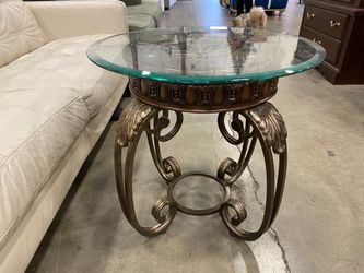 Ornate Carved Wood Glass Top Accent Table
