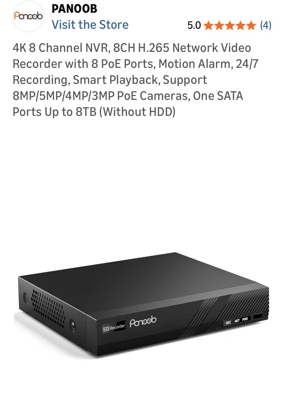 PANOOB PA-8NVR 4K 8 Channel NVR, 8CH H.265 Network Video Recorder with 8 PoE Ports, Motion Alarm