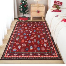 Brandnew  3x5 Rug Washable Area Rug Office Rug Non Slip Thin Red Holiday Rugs for Bedroom, Bedside, Kitchen, Entryway, Kids Room, Office(Xmas Snowflak