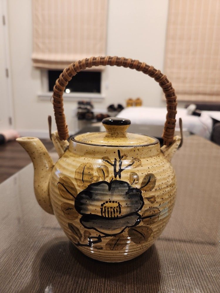 Vintage Hand Crafted Teapot Stoneware Ceramic Wicker Rattan Handle Flowers JAPAN