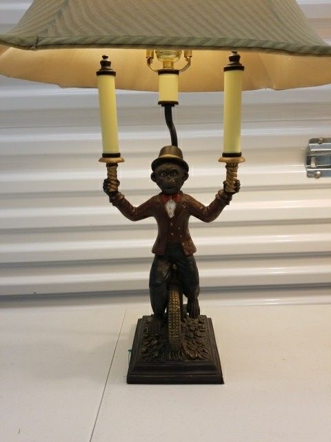 2 Lamps Monkey on a unicycle holding candles Vintage