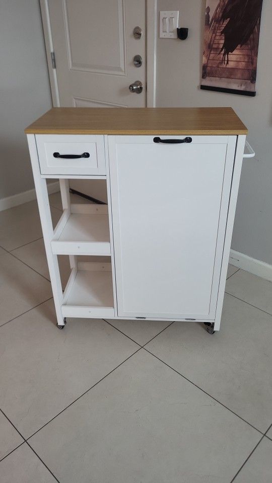 New Rolling Kitchen Island with Trash Can Storage Cabinet