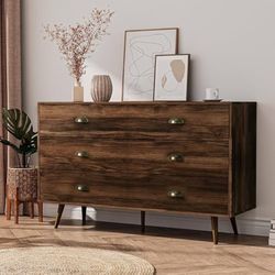Z105-6 Drawer Dresser for Bedroom Walnut Wood Dressers with Golden Handles Mid Century Modern Dresser for Bedroom Hallway Entryway